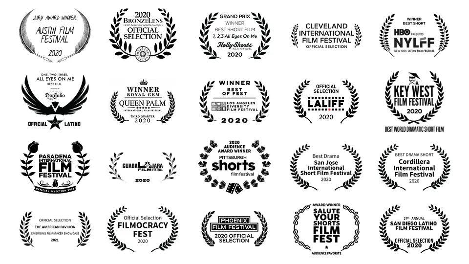 Festival laurels: Austin Film Festival Jury Award, HollyShorts Grand Prix, NYLFF Best Short, LA Diversity Best of Fest, Key West, Pittsburgh Shorts, San Jose, Cleveland, Pasadena and more.
